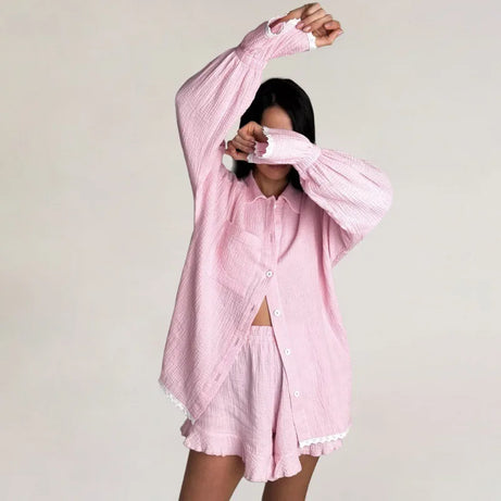 Ensemble pyjama en coton pour femme, automne, chemise à manches longues et short, ensemble 2 pièces, vêtements de nuit décontractés à volants.