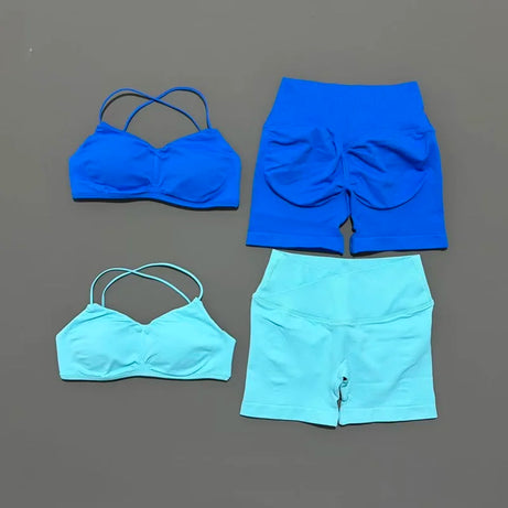 Ensemble de sport HISTELLO Vision 2 pièces pour femme : soutien-gorge de yoga à bretelles, short froncé, tenue de fitness et ensemble de yoga sans coutures.