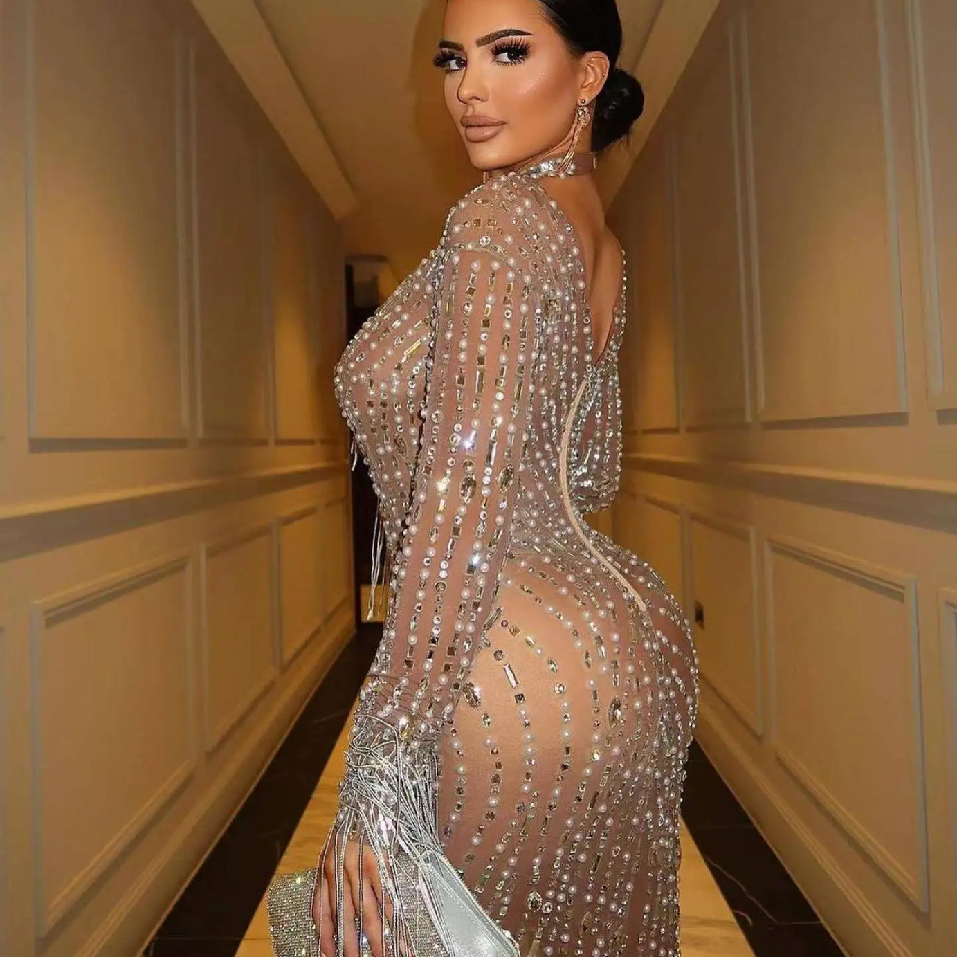 Sparkly Silver Big Rhinestone Transparent Long Dress Evening Birthday Celebrate Luxurious Costume Dancer Flashing Dress