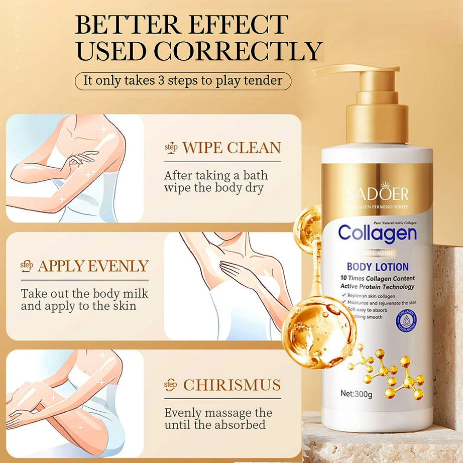 Lotion corporelle au collagène pour raffermir et hydrater la peau - Soin hydratant intense anti-âge pour peaux sèches et relâchées, nourrissante 300 g/pièce