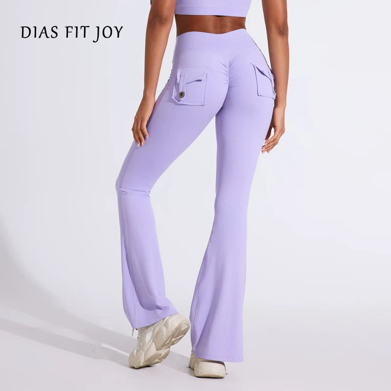 Pantalon de yoga taille haute à poches pour femme DIAS FIT JOY, effet push-up, séchage rapide, idéal pour la course, le sport et la salle de gym.