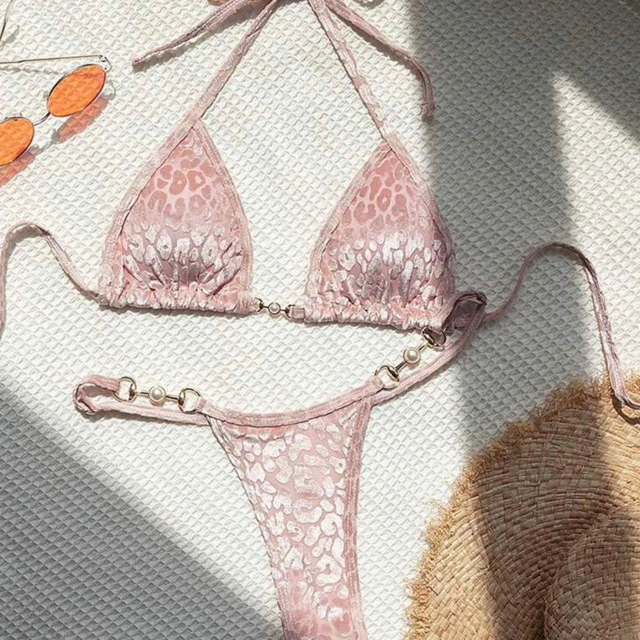 Micro bikini rose brillant 2025 Femme Sexy PU Perles Push-up String Maillot de bain été Maillot de bain bandage vacances