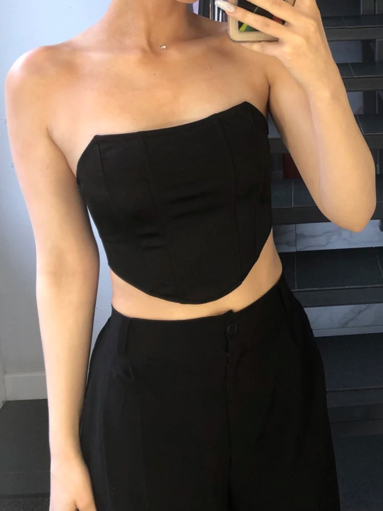 Débardeur sans manches à épaules dénudées, corset court sexy, sous-vêtements féminins, bustier dos nu uni