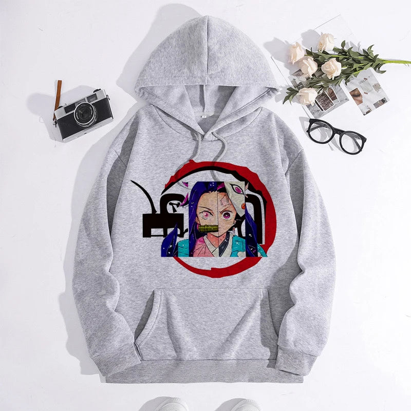 Japanese Anime Demon Slayer Hoodie Unisex Kamado Tanjirou Graphic Sweatshirts Greys Y2k Harajuku Fashion Cartoon Pullover Winter