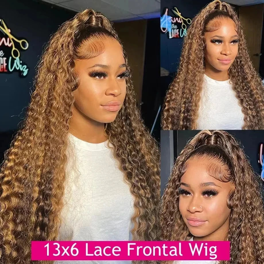 Perruque en cheveux humains avec mèches, ondulations profondes, perruque frontale en dentelle HD 13x6, perruque ondulée 13x4, perruque bouclée en cheveux humains avec dentelle frontale.