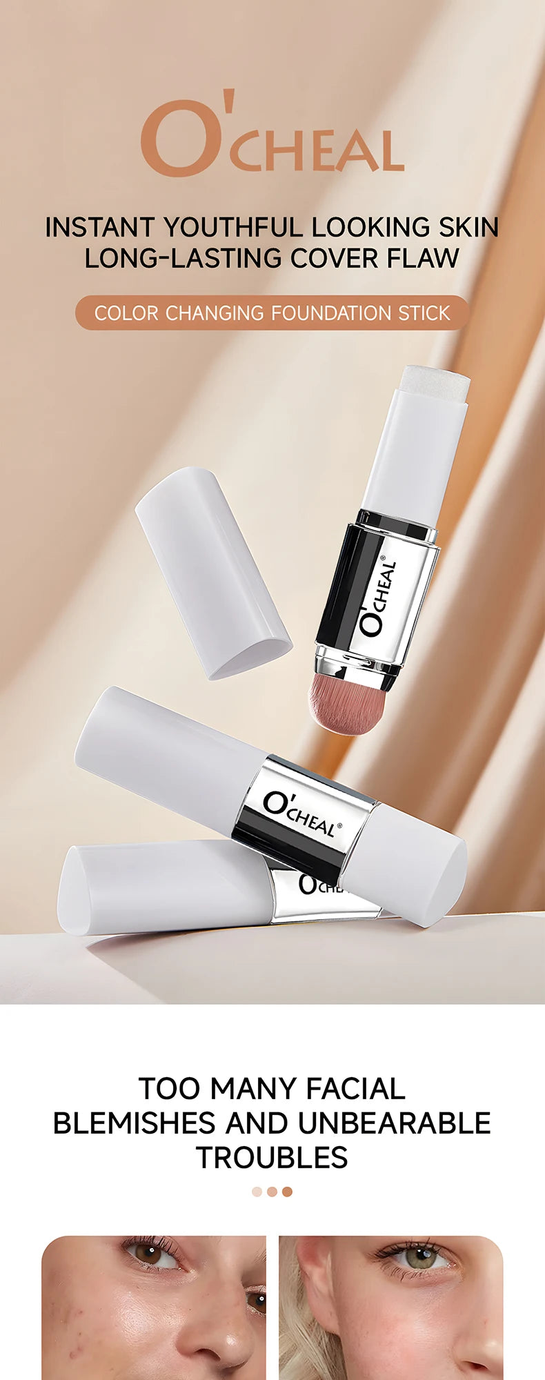 Fond de teint stick thermosensible O'CHEAL, couvrance du visage, imperfections et pores, double embout, fini mat.