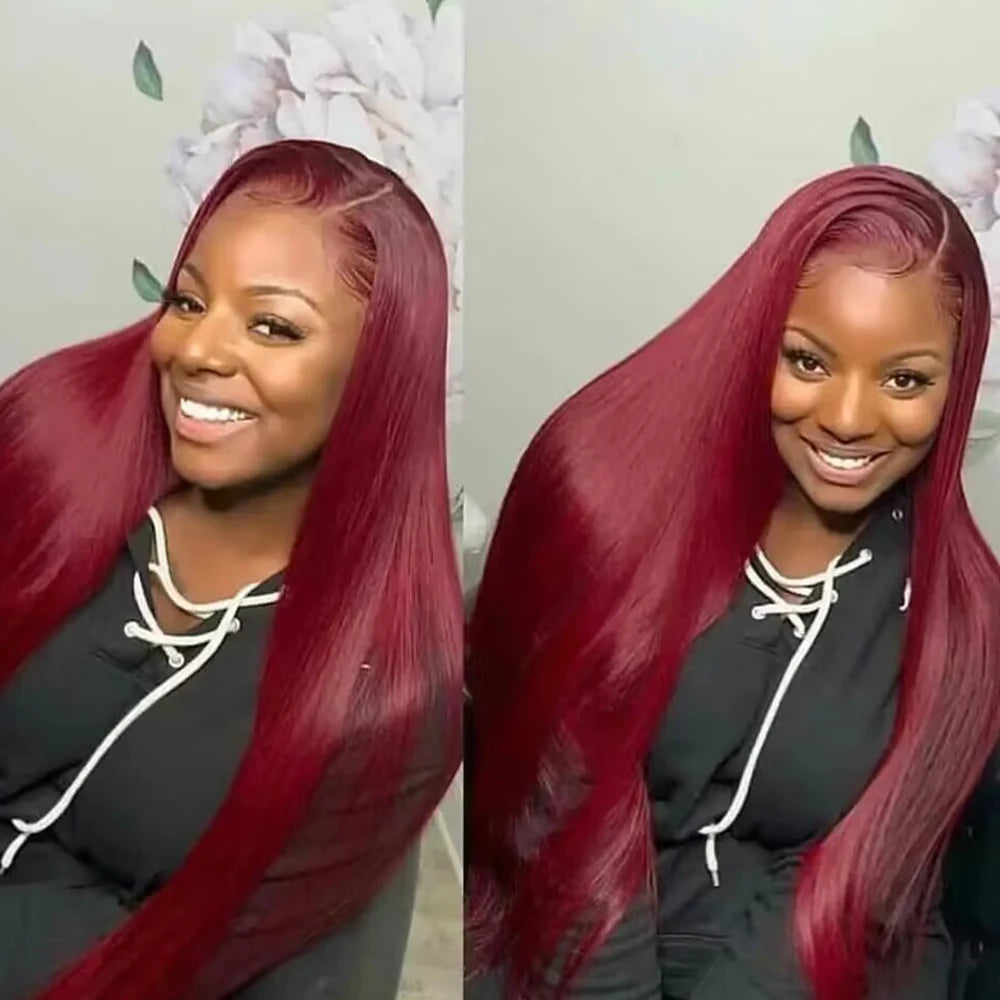 Perruque en cheveux humains 100% naturels, 100% naturelle, avec lace frontale HD 13x4 couleur bordeaux et rouge lisse.