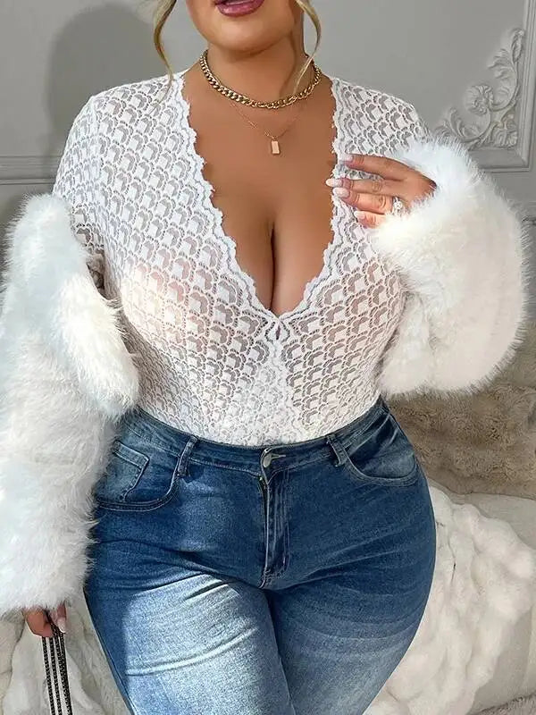 Sexy White Lace Sheer Bodysuits Elegant Long Sleeve New Hollow Out Inner Wear Women's Bodysuits Transparent V Neck Charming 8ABE
