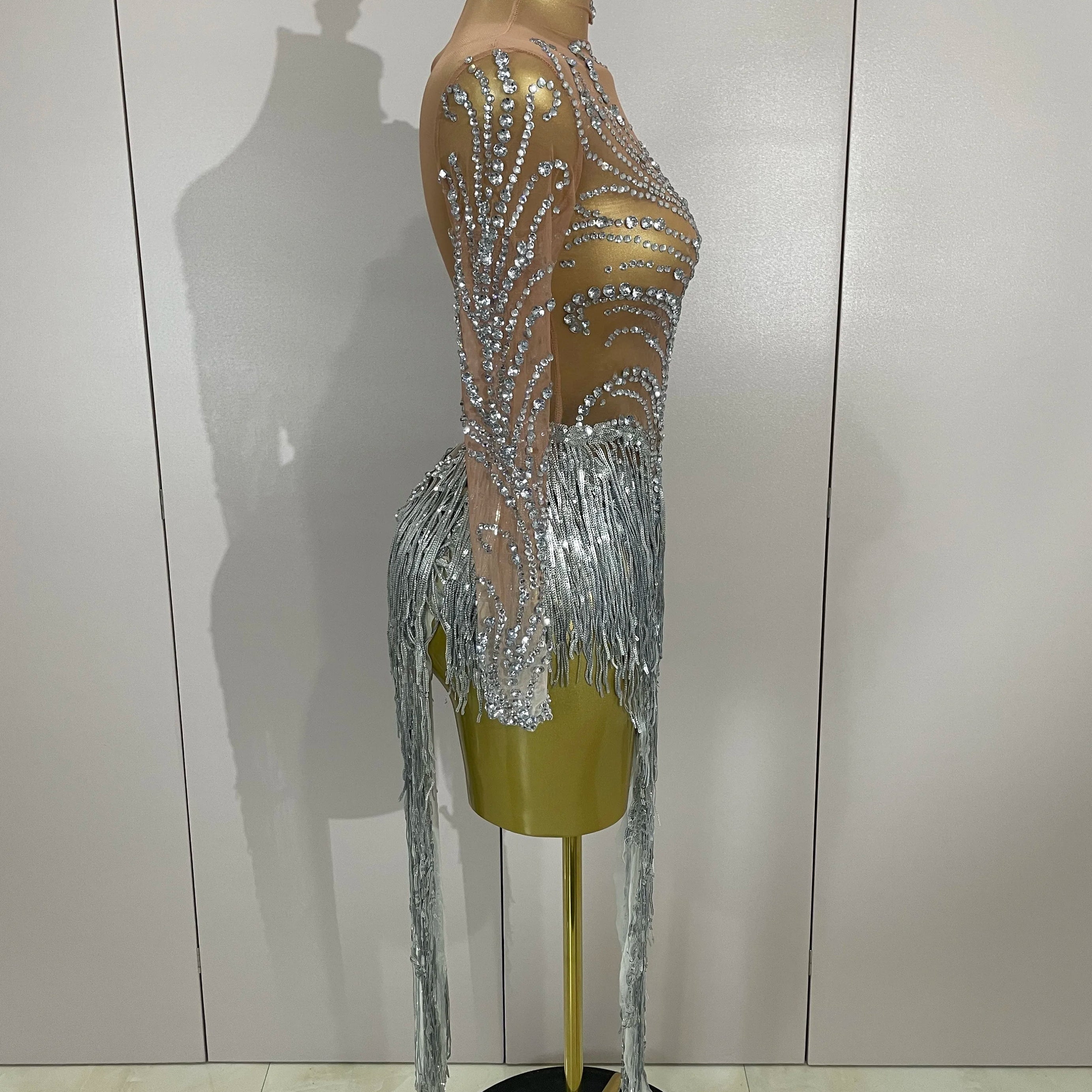 Women Sparkly Rhinestone Pearl Sequins Tassel Sexy Transparent Dress Evening Birthday Party Nightclub Dance Singer Stage Outfit