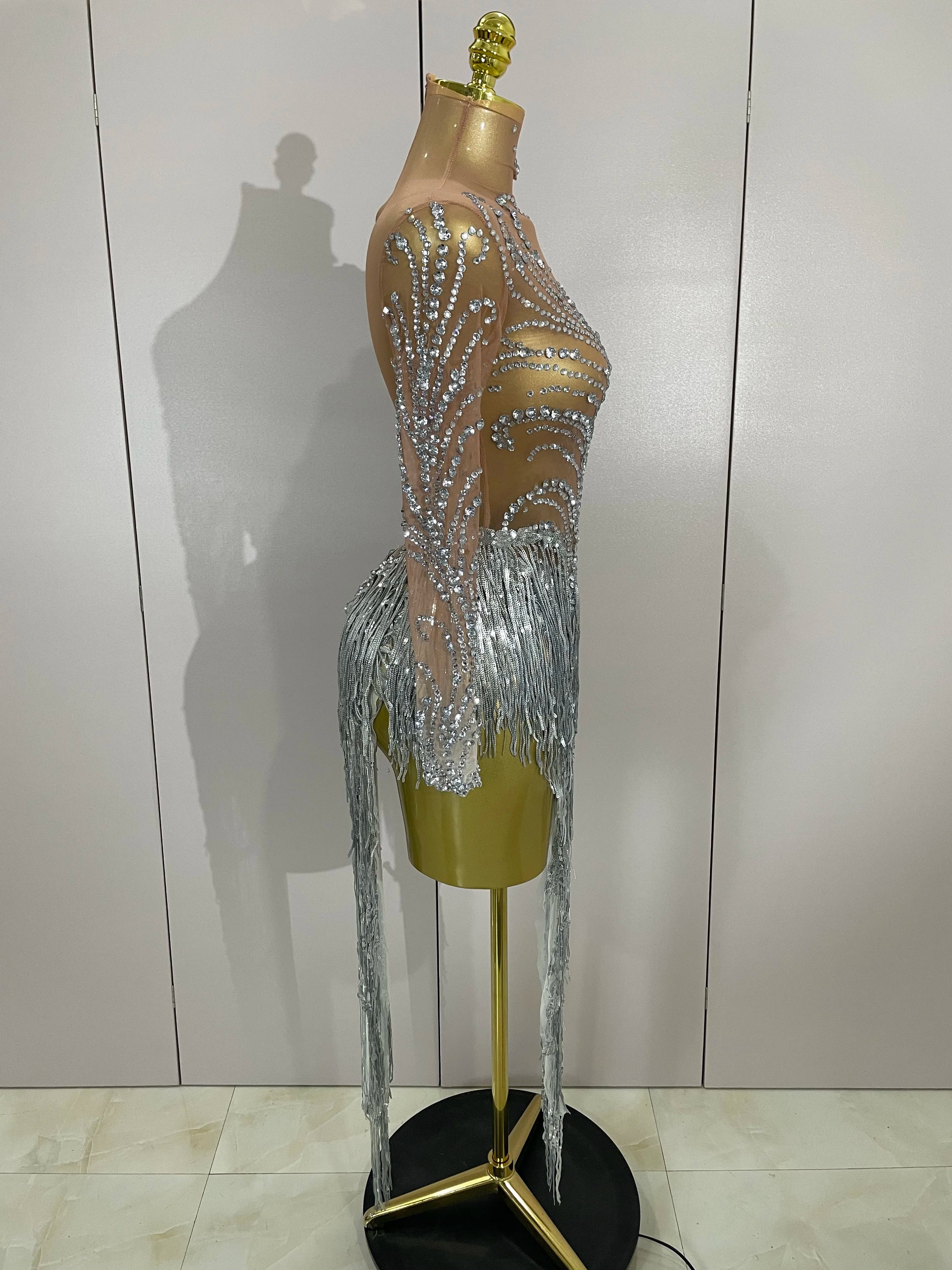 Women Sparkly Rhinestone Pearl Sequins Tassel Sexy Transparent Dress Evening Birthday Party Nightclub Dance Singer Stage Outfit