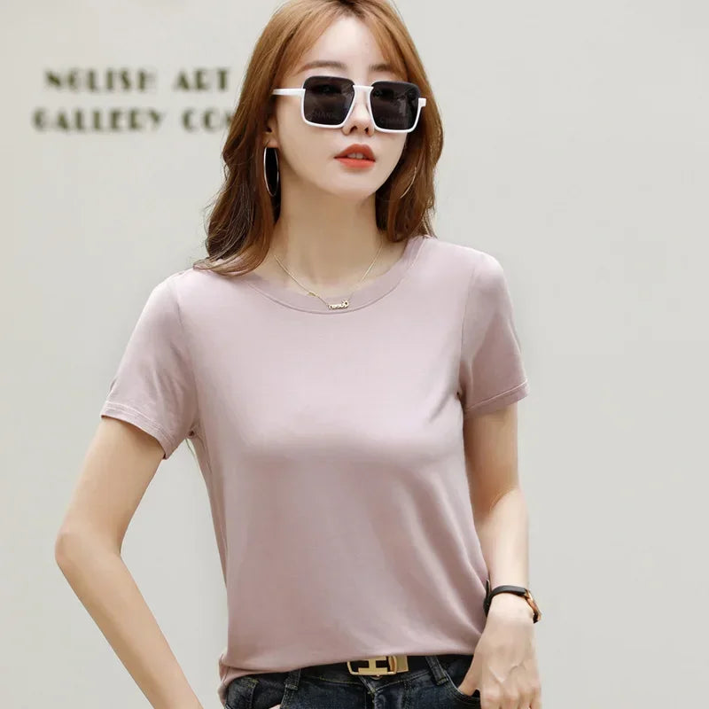 T-shirt MRMT 2026 pour femme, neuf, en coton et soie glacée, couleur unie, col rond, style minimaliste décontracté.