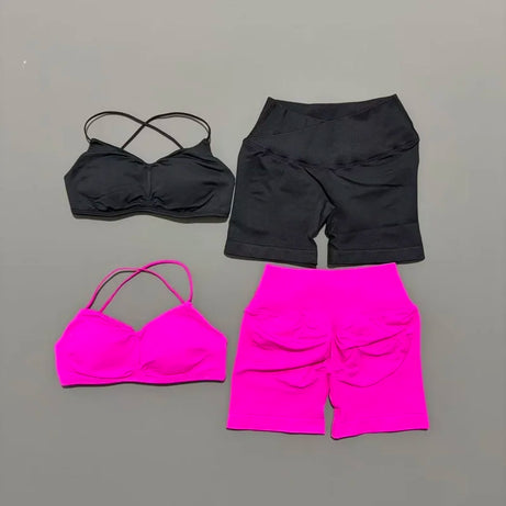 Ensemble de sport HISTELLO Vision 2 pièces pour femme : soutien-gorge de yoga à bretelles, short froncé, tenue de fitness et ensemble de yoga sans coutures.