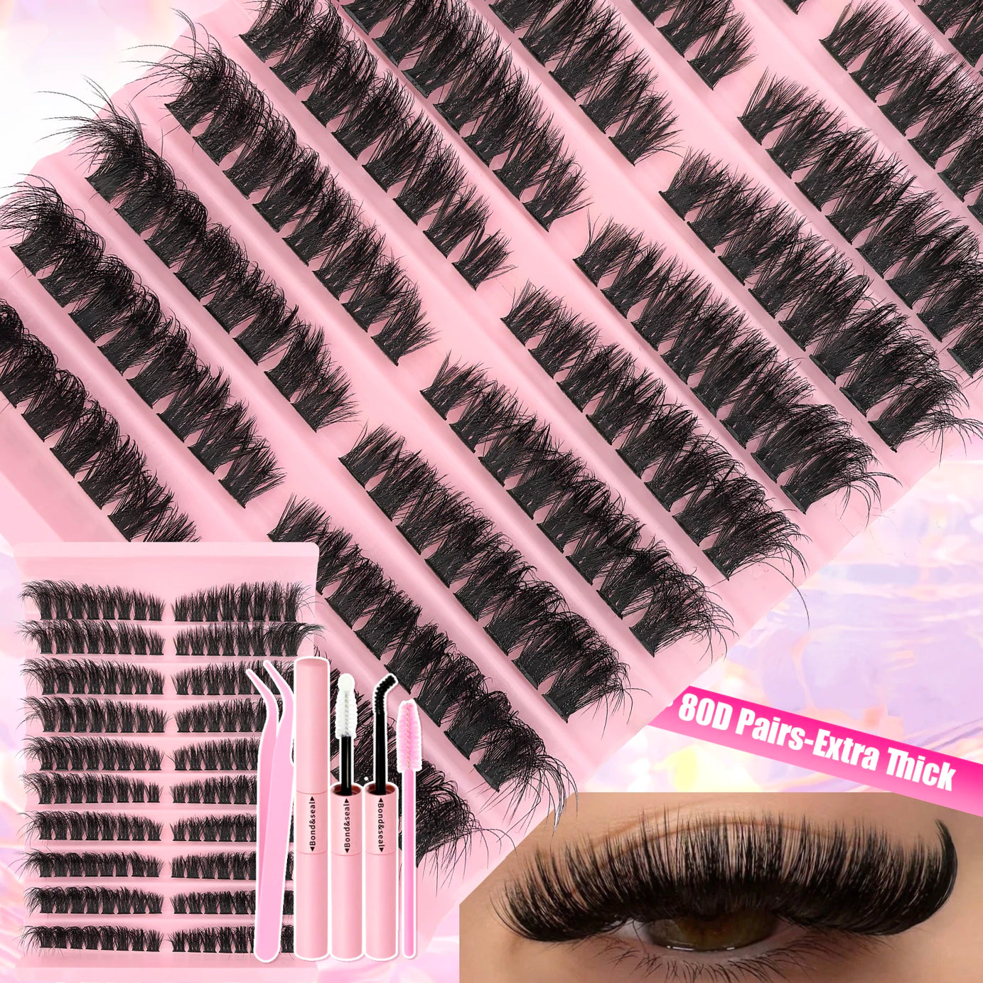 Kit d'extension de cils à faire soi-même : faux cils individuels de 9 à 16 mm avec colle et fixateur, effet naturel et vaporeux.