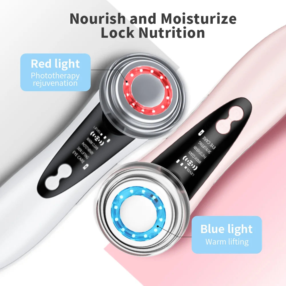 Appareil de massage facial EMS 7 en 1, instrument de beauté pour le visage avec vibrations induites, compresses chaudes et thérapie par la lumière LED.