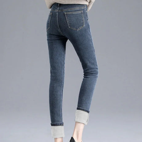 Jean d'hiver épais doublé polaire pour femme, amincissant, chaud et élastique, coupe crayon