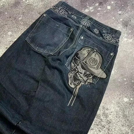 Jean tendance streetwear brodé de têtes de mort pour femme, style Harajuku Y2K, pantalon droit à jambes larges, style Joker, jean décontracté pour couple