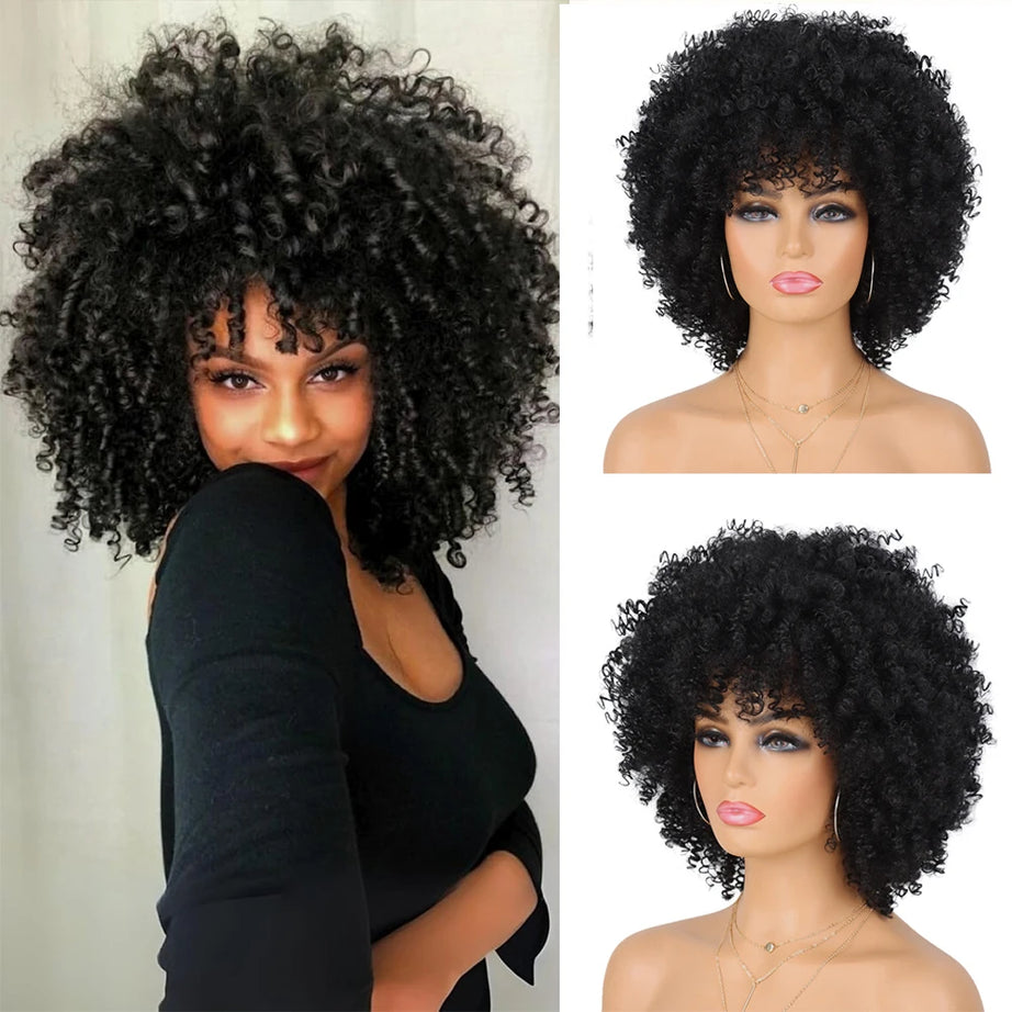Perruque synthétique afro courte et frisée avec frange, 30 cm, pour femmes noires. Naturelle, sans colle, résistante à la chaleur, idéale pour les soirées et les fêtes.