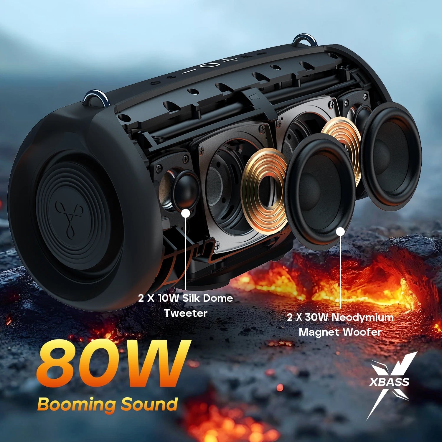 Enceinte Bluetooth portable TRIBIT StormBox Lava 80W avec batterie externe intégrée, contrôle via application, étanche IP67, idéale pour les activités de plein air, le camping et les fêtes.