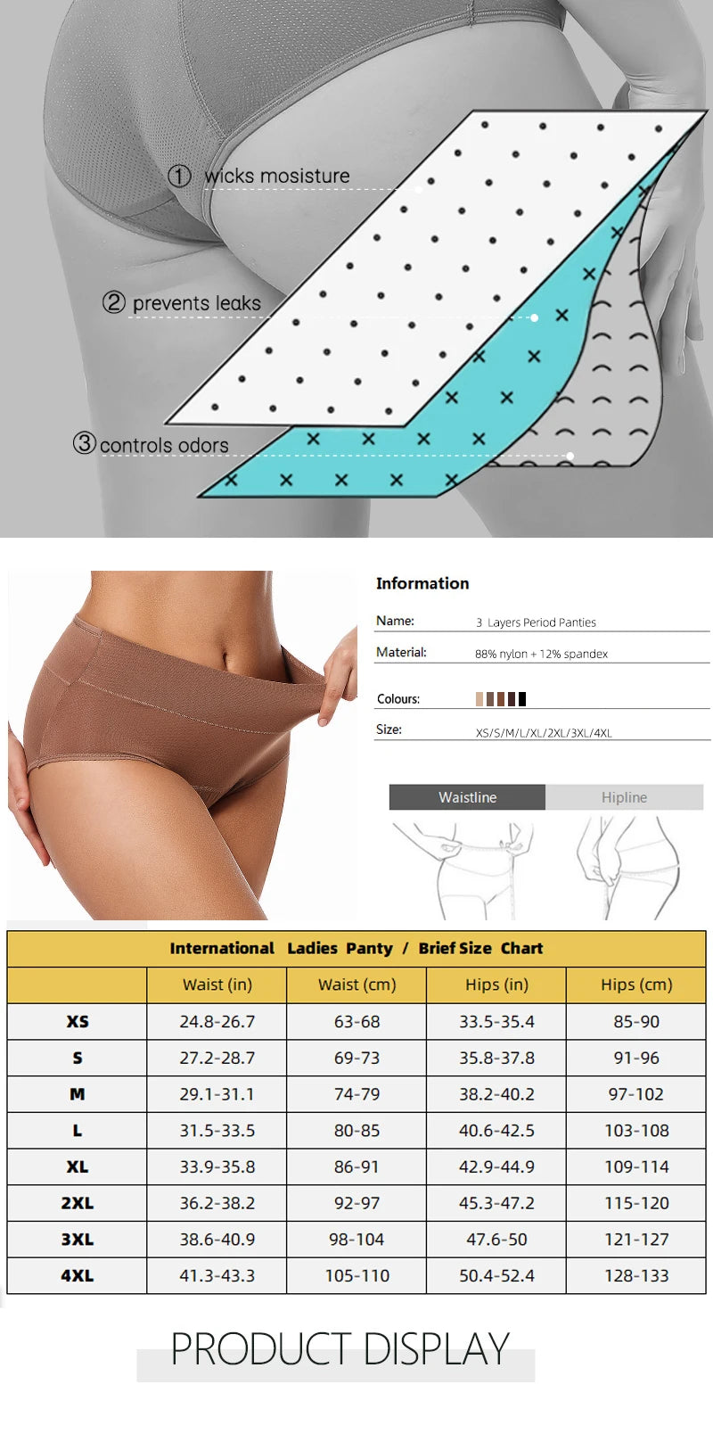 Culottes menstruelles 3 couches absorbantes pour incontinence physiologique, respirantes et imperméables, sous-vêtements menstruels pour femmes.