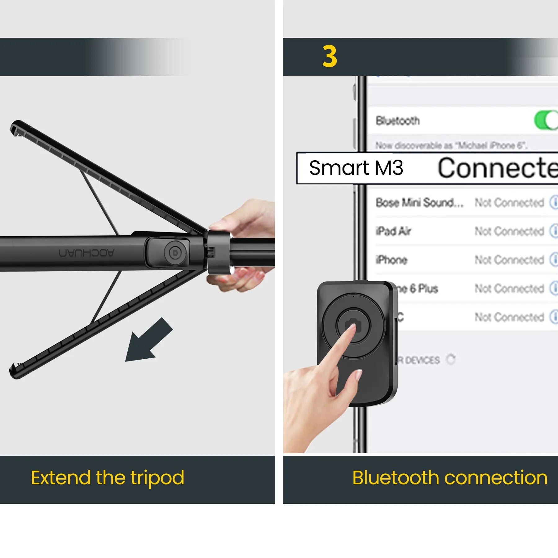 Perche à selfie portable AOCHUAN Smart M3 équipée d'un suivi IA et d'une rotation à 360° sans angle mort pour les photos sur smartphone