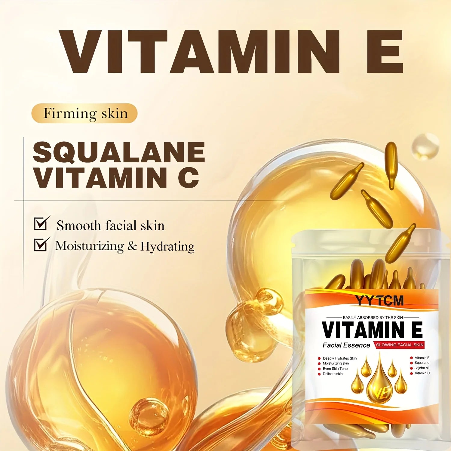 Capsules d'essence hydratante intense à la vitamine E, hydrate et lisse la peau, contient du squalane végétal et de la vitamine C. Essence hydratante et illuminatrice pour le teint (0,4 g x 30 capsules) / 1 sachet