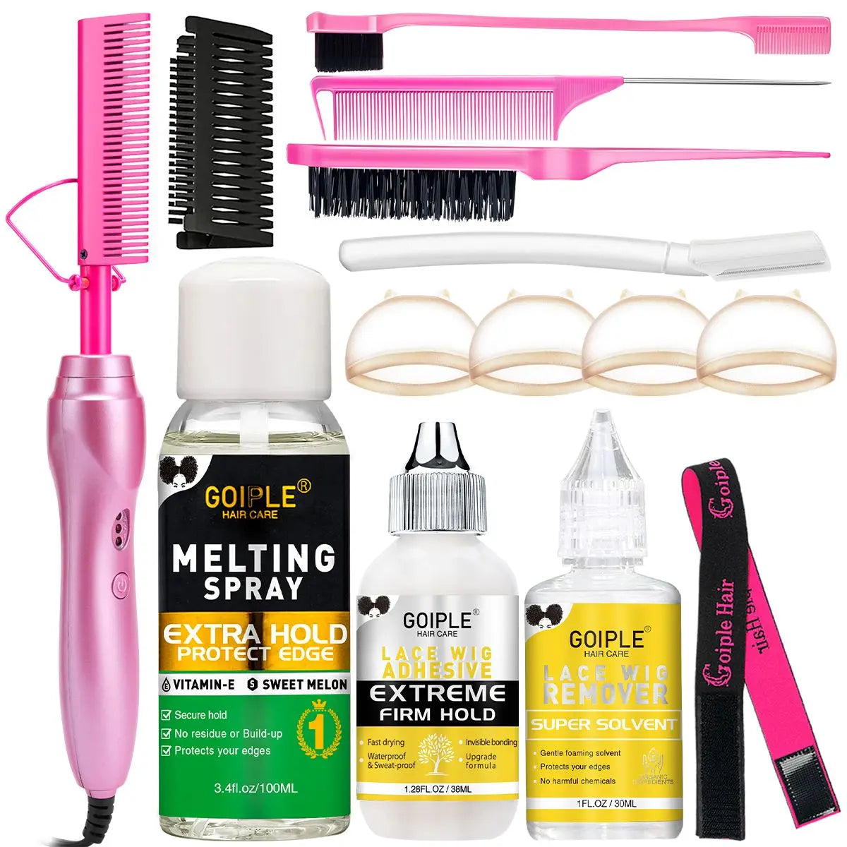GOIPLE Peigne chauffant électrique, lisseur, fer à friser, brosse à friser, outils de coiffage pour le soin des cheveux, kit de coiffage pour perruques en dentelle