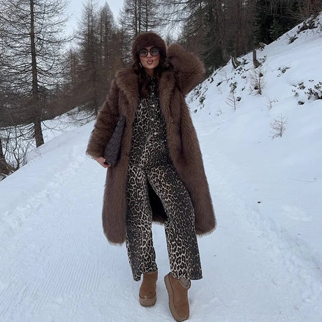 Neo Mint Vintage Luxury Long Faux Fox Fur Coat Women 2024 Winter Warm Fluffy Fur Jacket Female Street Furry Outerwear Overcoat
