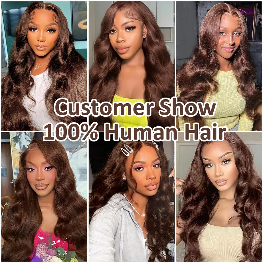 Pelucas de cabello humano con encaje frontal HD de 13x6, color marrón chocolate con ondas corporales, densidad de 200, pelucas con encaje frontal HD para mujer, cabello pre-depilado.