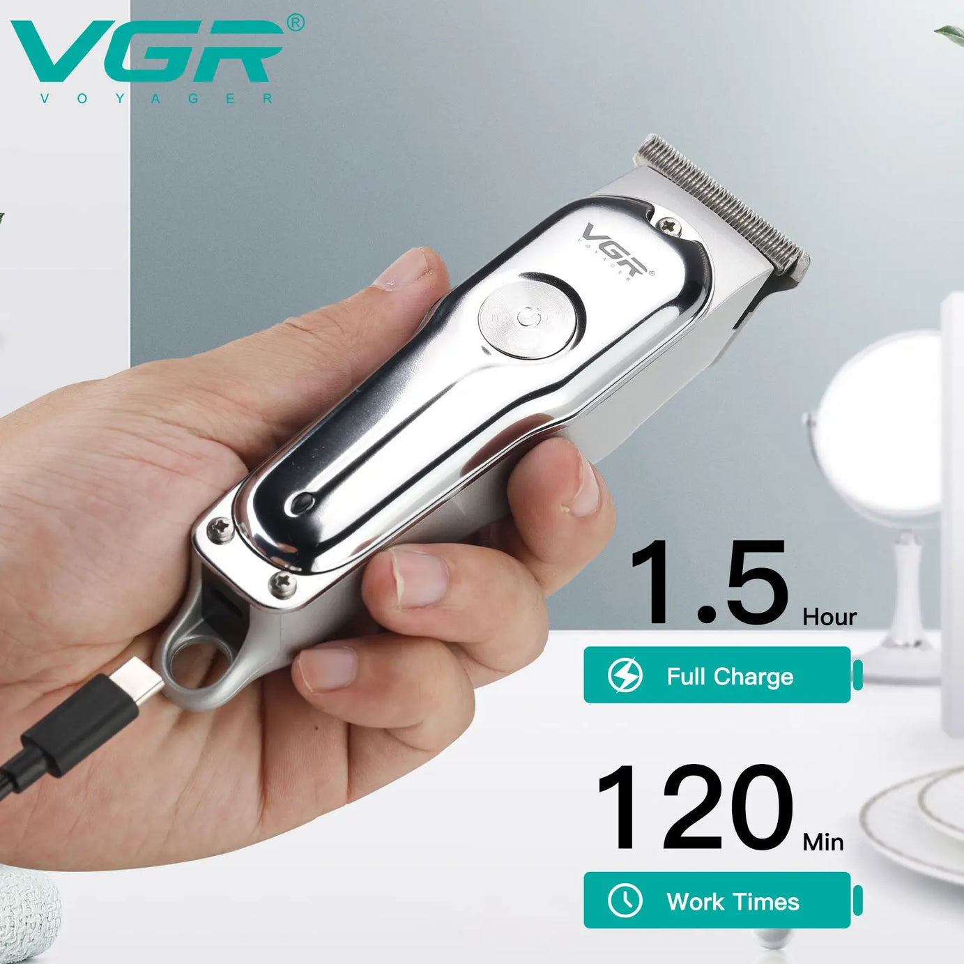 Tondeuse à cheveux professionnelle VGR 071, rechargeable, sans fil, portable, avec lame en T, pour hommes