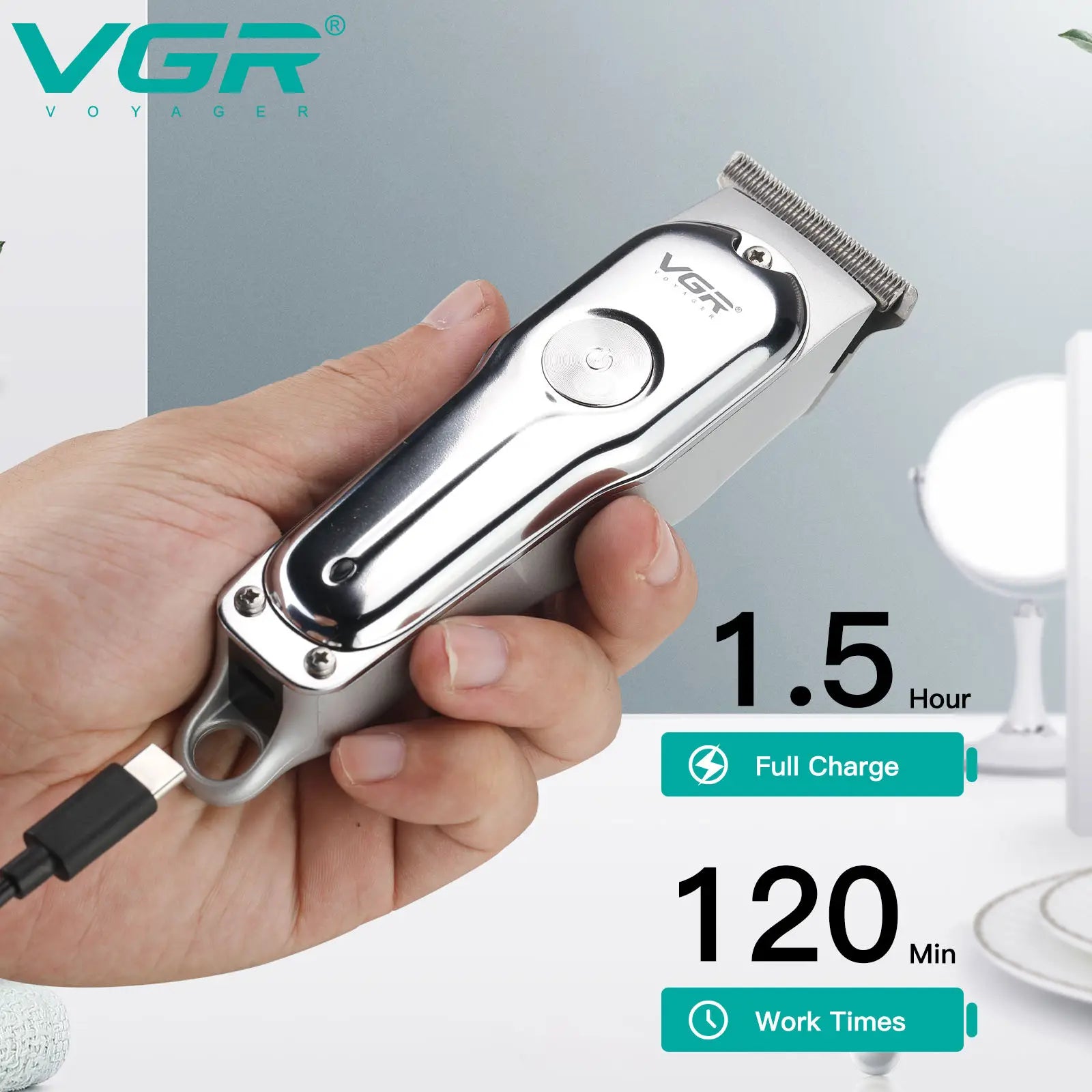 Tondeuse à cheveux professionnelle VGR 071, rechargeable, sans fil, portable, avec lame en T, pour hommes