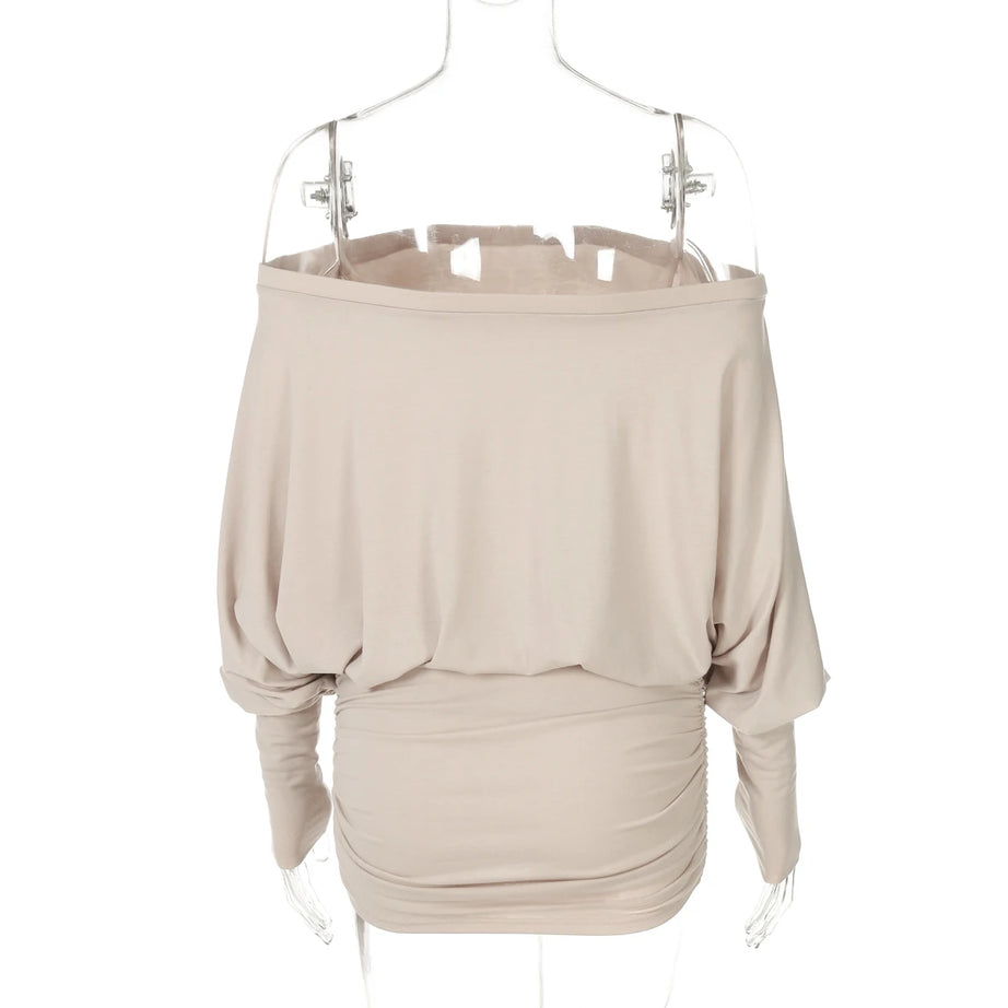 Robe mini Dulzura à épaules dénudées et manches longues, ornée de patchwork froncé, pour femme, tenue sexy, élégante et décontractée idéale pour les soirées et les clubs, printemps-été.