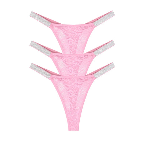 Lot de 3 strings sexy en dentelle pour femme, culottes fleuries transparentes, taille basse, deux ceintures brillantes, string confortable, lingerie intime