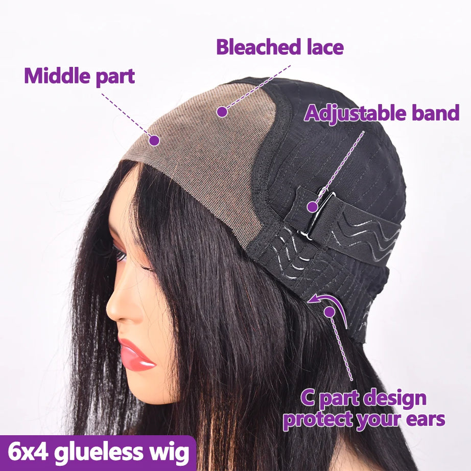 Perruque 6x4 sans colle en cheveux humains, perruque 4x4 prête à porter, perruque frontale en dentelle lisse, pré-coupée et pré-épilée, livraison en 3 jours.