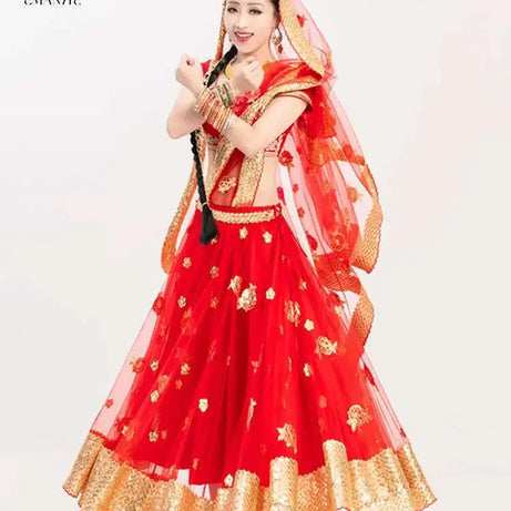 Yiman Exotic Indian Dance Dress Ethnic Style Female Photo Belly Dance Sari Top Big Swing Skirt Lengha Set