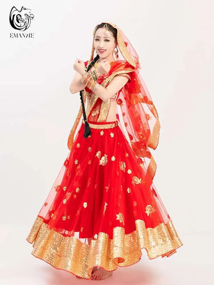 Yiman Exotic Indian Dance Dress Ethnic Style Female Photo Belly Dance Sari Top Big Swing Skirt Lengha Set