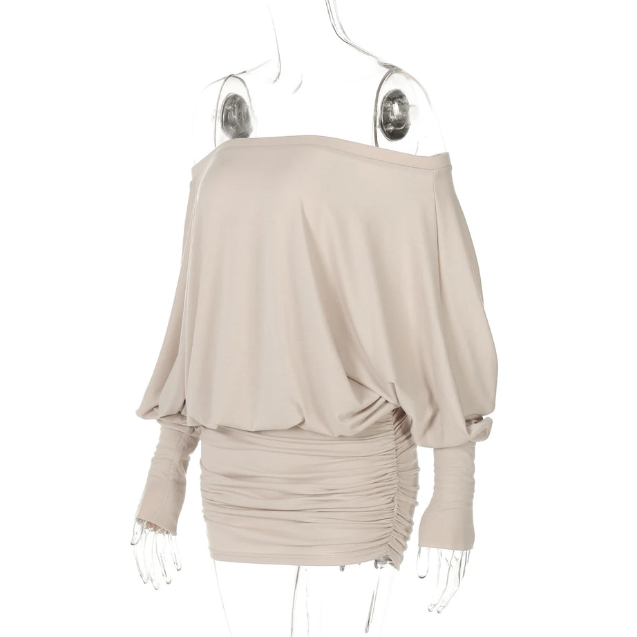 Robe mini Dulzura à épaules dénudées et manches longues, ornée de patchwork froncé, pour femme, tenue sexy, élégante et décontractée idéale pour les soirées et les clubs, printemps-été.
