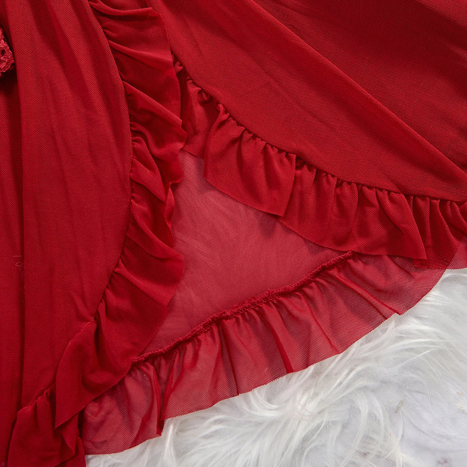 Nuisette d'été en dentelle rouge transparente, ensemble nuisette et culotte sexy pour femme