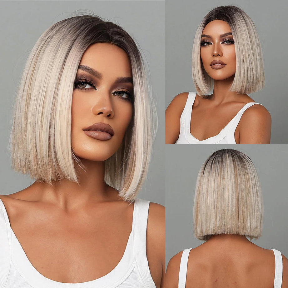 Perruque synthétique blanche, blonde et grise avec frange, coupe courte et lisse, idéale pour le cosplay et le quotidien. Cheveux naturels et résistants à la chaleur.