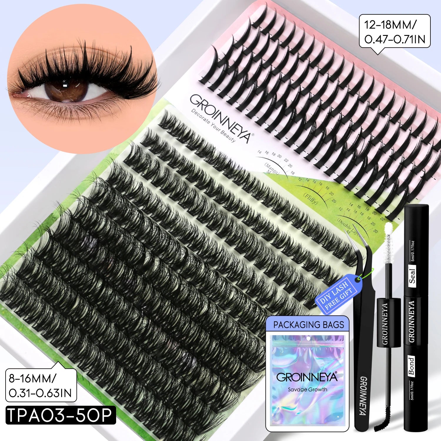 GROINNEYA Lash Clusters Kit DIY Manga Cluster Lashes Set Spikes Lashes Cluster Extension Full Set Individual Eyelashes Makeup