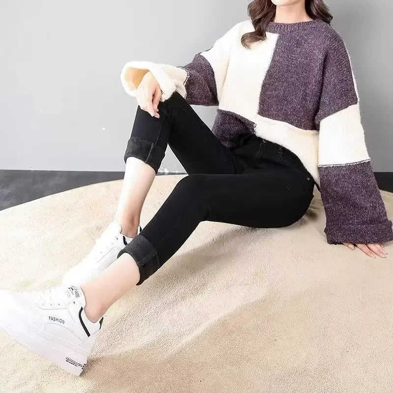 Jean skinny taille haute doublé polaire pour femme, épais et chaud, idéal pour l'hiver. Nouveau style polyvalent, coupe crayon, décontracté et confortable.