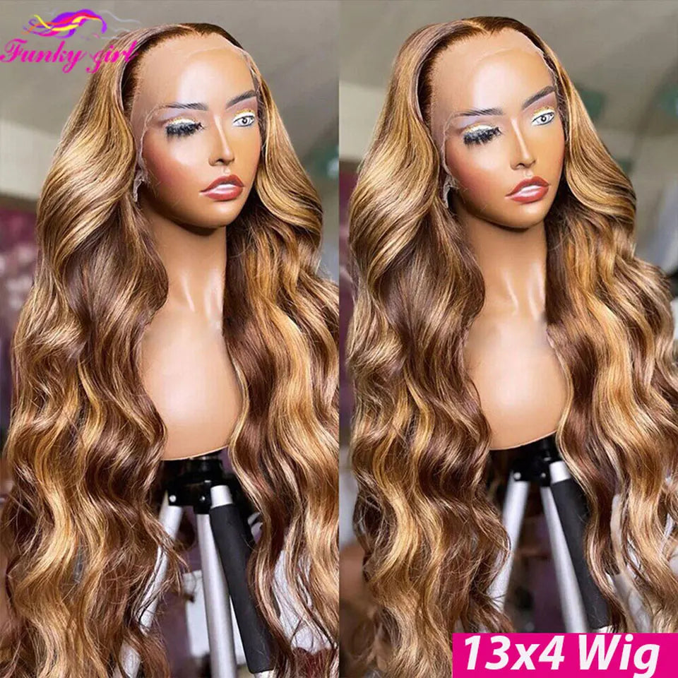Perruque ondulée en cheveux humains, perruque en dentelle, blond miel, raie en T, perruque brésilienne Remy, 27/04