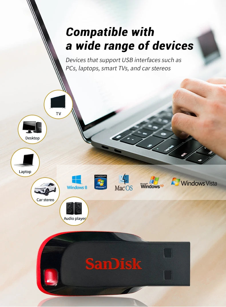 Clé USB SanDisk Cruzer Blade originale 16 Go, 32 Go, 64 Go, 128 Go, disque de stockage USB portable pour ordinateur
