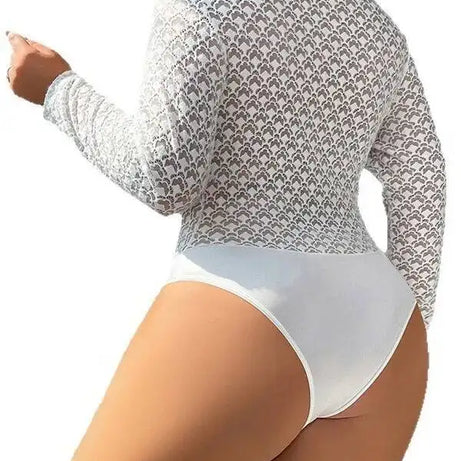 Sexy White Lace Sheer Bodysuits Elegant Long Sleeve New Hollow Out Inner Wear Women's Bodysuits Transparent V Neck Charming 8ABE