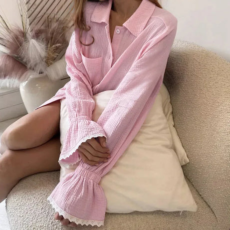 Ensemble pyjama en coton pour femme, automne, chemise à manches longues et short, ensemble 2 pièces, vêtements de nuit décontractés à volants.
