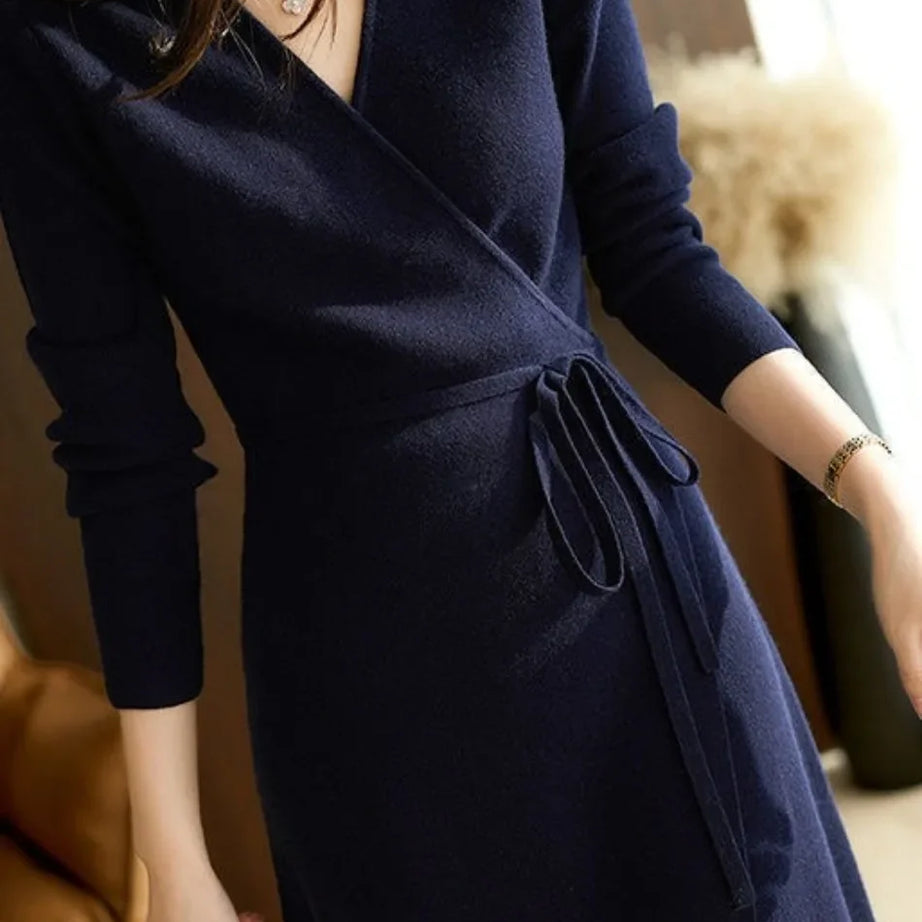 Pull d'automne-hiver pour femme, robe cache-cœur à col V, style coréen, jupe ample et élégante en maille