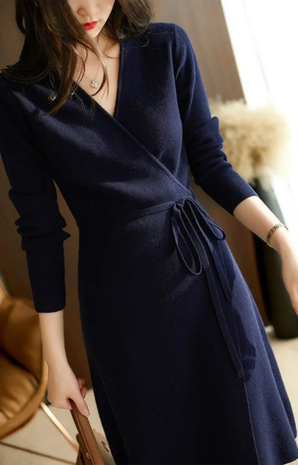 Pull d'automne-hiver pour femme, robe cache-cœur à col V, style coréen, jupe ample et élégante en maille