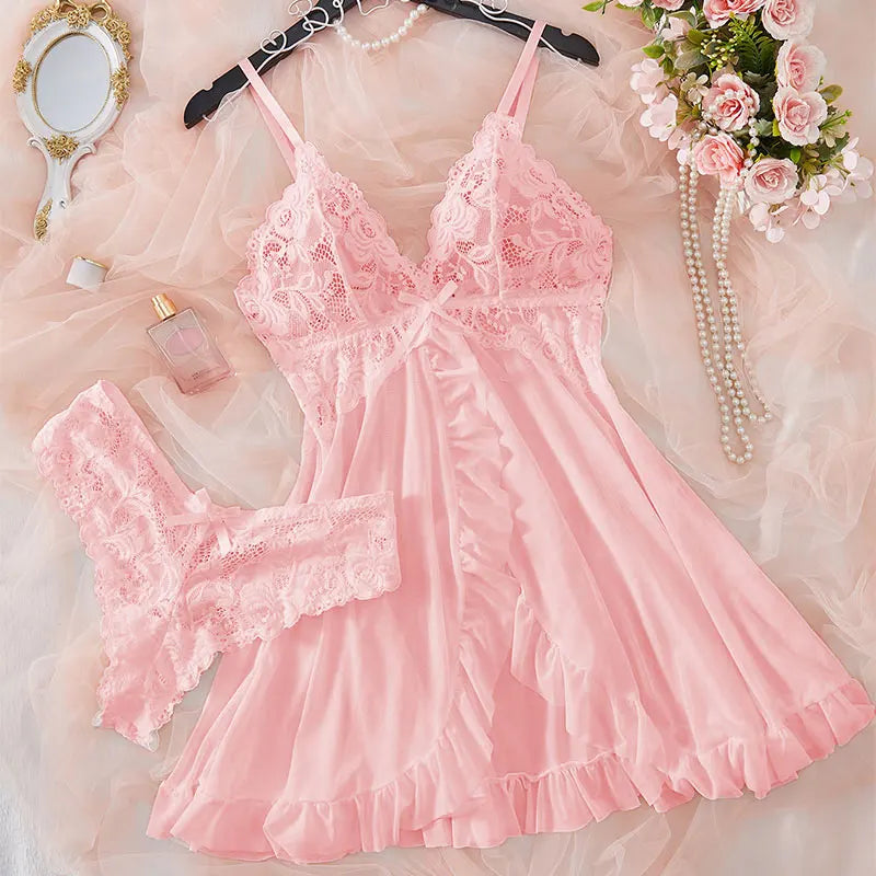 Robe de nuit d'été sexy et chaude, sans manches, dos nu, en dentelle transparente, couleur unie, pyjama doux, ensemble string court à col en V