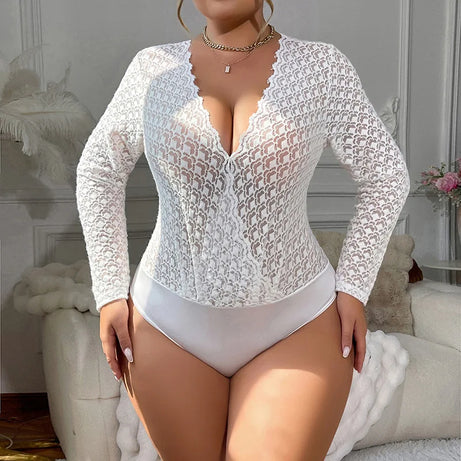 Sexy White Lace Sheer Bodysuits Elegant Long Sleeve New Hollow Out Inner Wear Women's Bodysuits Transparent V Neck Charming 8ABE