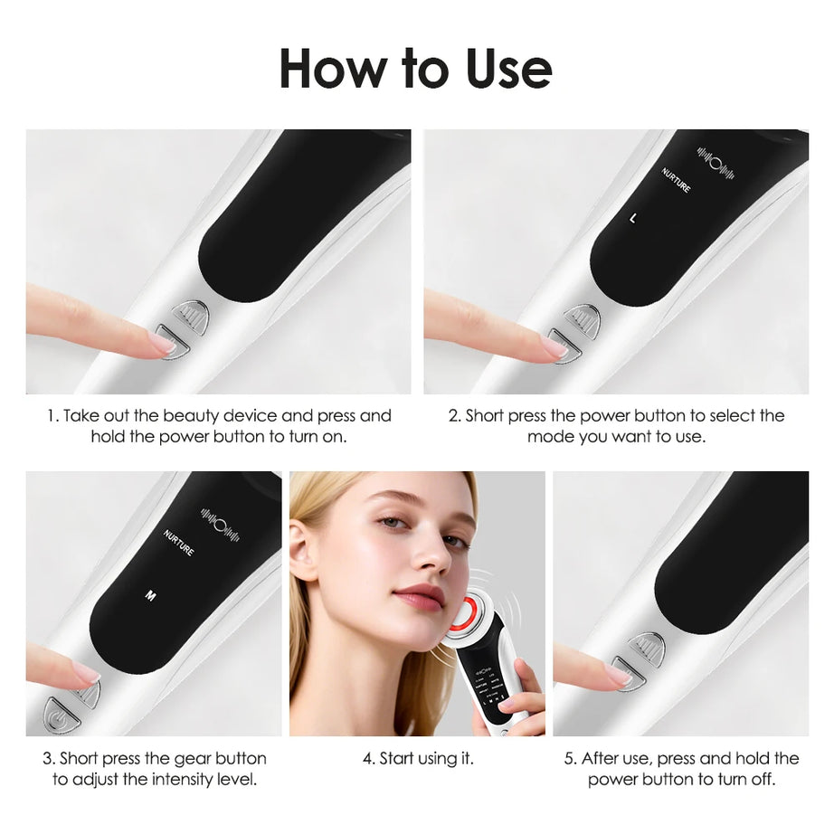 Appareil de massage facial EMS 7 en 1, instrument de beauté pour le visage avec vibrations induites, compresses chaudes et thérapie par la lumière LED.