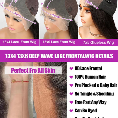 Perruques en cheveux humains pour femmes, 40 à 50 pouces, 13x4 ou 13x6, ondulées, avec lace frontale HD, sans colle, pré-épilées, densité 300 %.